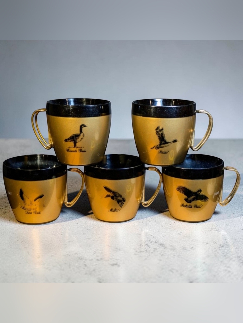 5 West Bend Insulated Mugs Cups Thermo-Serv Gold Black Birds Metal Handles MCM
